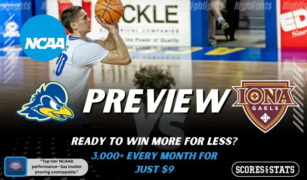 Delaware Fightin Blue Hens vs Iona Gaels preview graphic featuring NCAA basketball matchup promotion for December 1 2025.