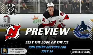 New Jersey Devils face the Vancouver Canucks in an NHL matchup with players skating during live game action.