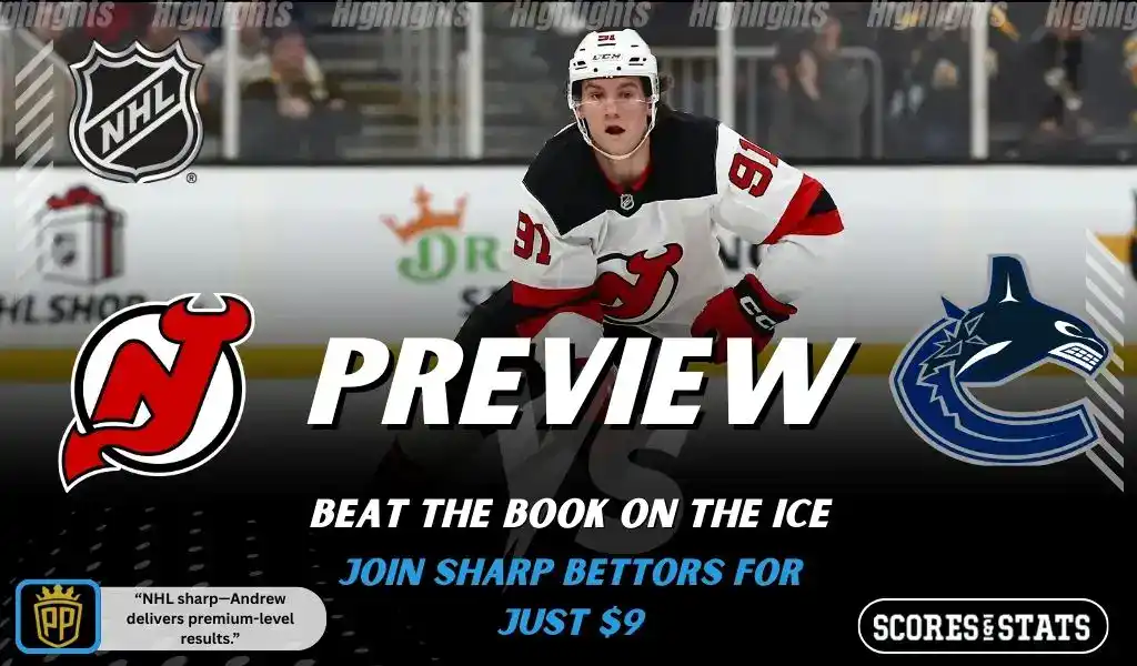 New Jersey Devils face the Vancouver Canucks in an NHL matchup with players skating during live game action.