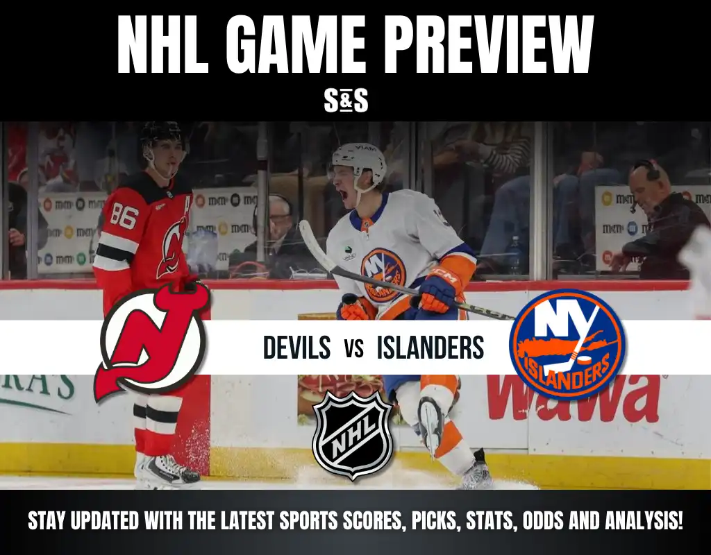 NHL game preview featuring the Devils vs. Islanders, showcasing players in action on the ice with team logos and promotional text.