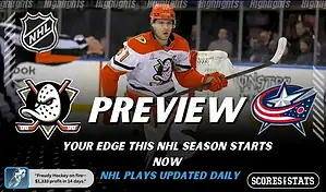 Anaheim Ducks vs Columbus Blue Jackets NHL preview graphic featuring a Ducks player with Ducks and Blue Jackets logos and Scores and Stats branding