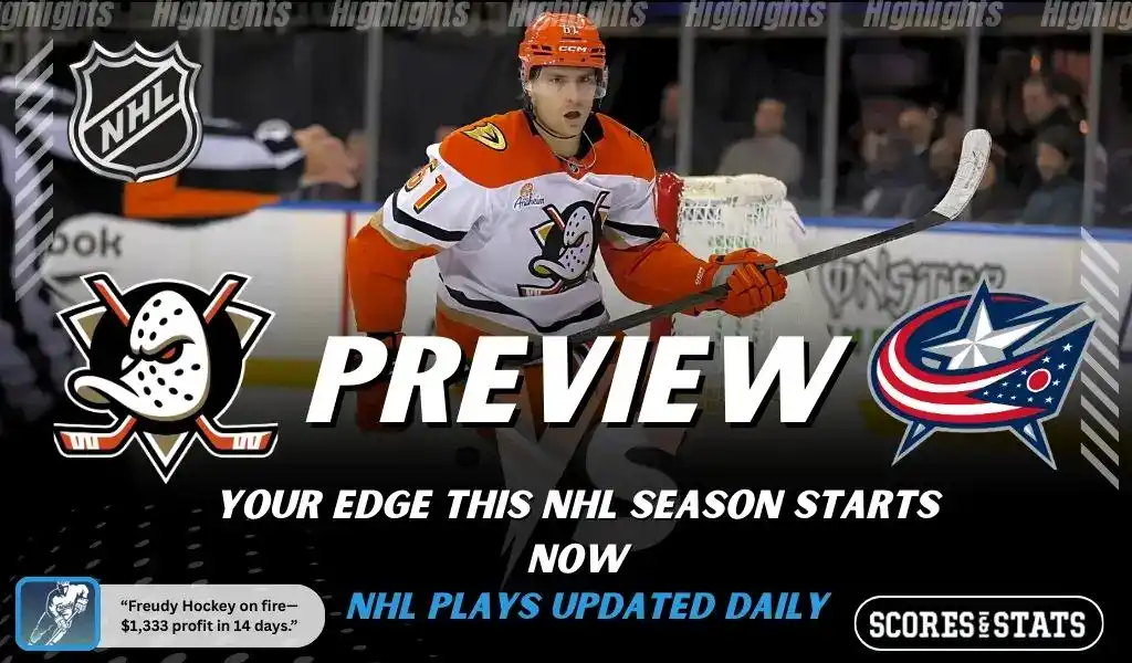 Anaheim Ducks vs Columbus Blue Jackets NHL preview graphic featuring a Ducks player with Ducks and Blue Jackets logos and Scores and Stats branding