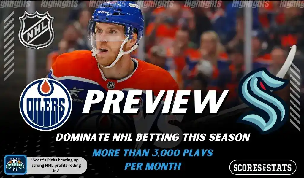 Edmonton Oilers and Seattle Kraken featured in NHL preview graphic ahead of their upcoming matchup.