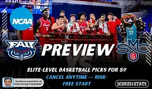 Florida Atlantic Owls vs Saint Marys Gaels NCAA basketball preview graphic showing FAU players on the bench with team logos and Scores and Stats branding
