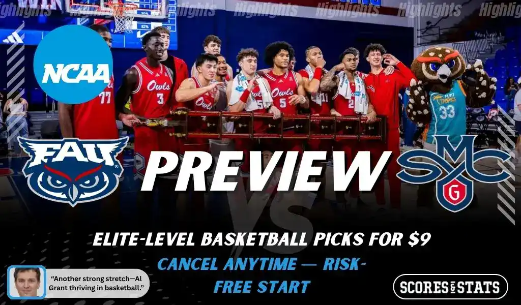Florida Atlantic Owls vs Saint Marys Gaels NCAA basketball preview graphic showing FAU players on the bench with team logos and Scores and Stats branding
