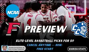 Fairfield Stags vs Central Connecticut State Blue Devils NCAA basketball game preview image showing Fairfield players huddled on the court with team logos displayed