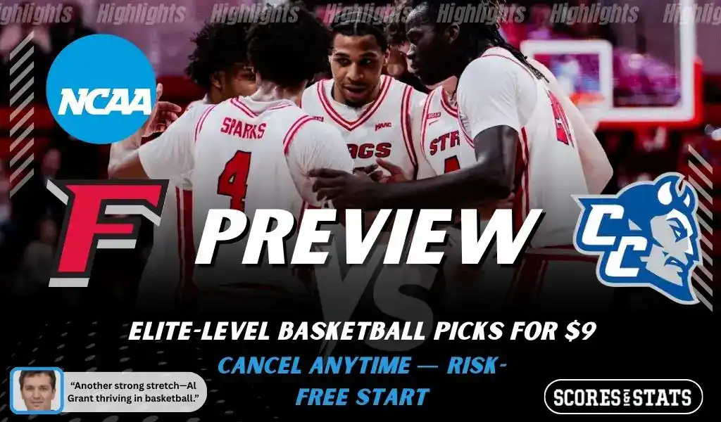 Fairfield Stags vs Central Connecticut State Blue Devils NCAA basketball game preview image showing Fairfield players huddled on the court with team logos displayed