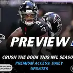 NFL preview graphic featuring Atlanta Falcons and Los Angeles Rams logos with a Falcons player in the background and the word preview across the center