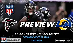 NFL preview graphic featuring Atlanta Falcons and Los Angeles Rams logos with a Falcons player in the background and the word preview across the center