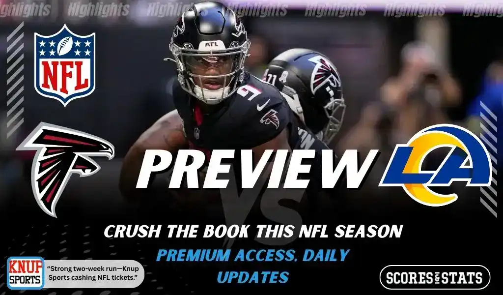 NFL preview graphic featuring Atlanta Falcons and Los Angeles Rams logos with a Falcons player in the background and the word preview across the center
