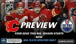 NHL preview graphic featuring Calgary Flames and Edmonton Oilers logos with Flames players celebrating and the word preview across the center