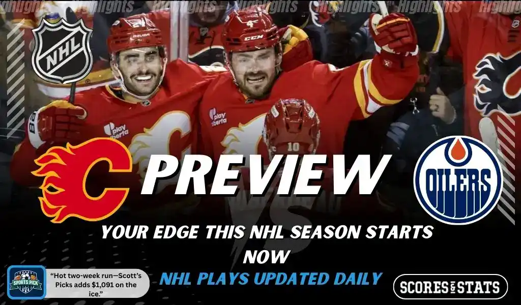 Previews 6 NHL preview graphic featuring Calgary Flames and Edmonton Oilers logos with Flames players celebrating and the word preview across the center