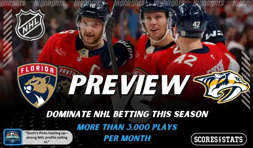 Florida Panthers and Nashville Predators featured in NHL preview graphic ahead of their upcoming matchup.