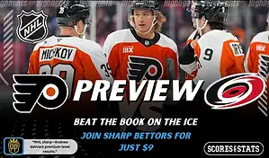 Philadelphia Flyers players on the ice during a game preview graphic against the Carolina Hurricanes.