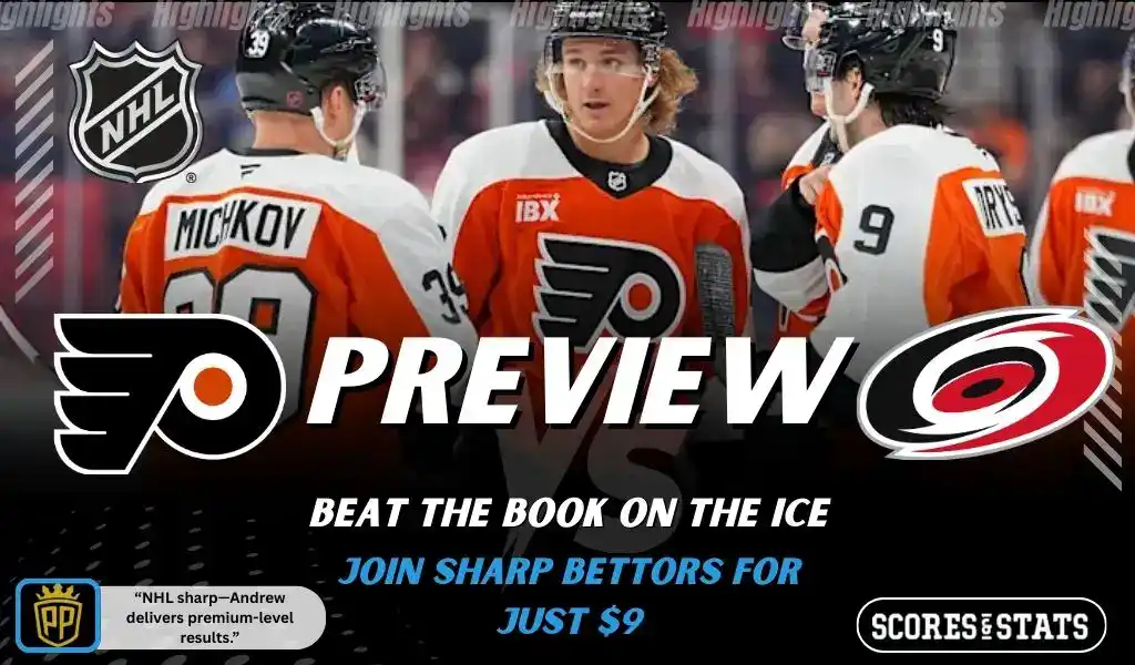 Philadelphia Flyers players on the ice during a game preview graphic against the Carolina Hurricanes.