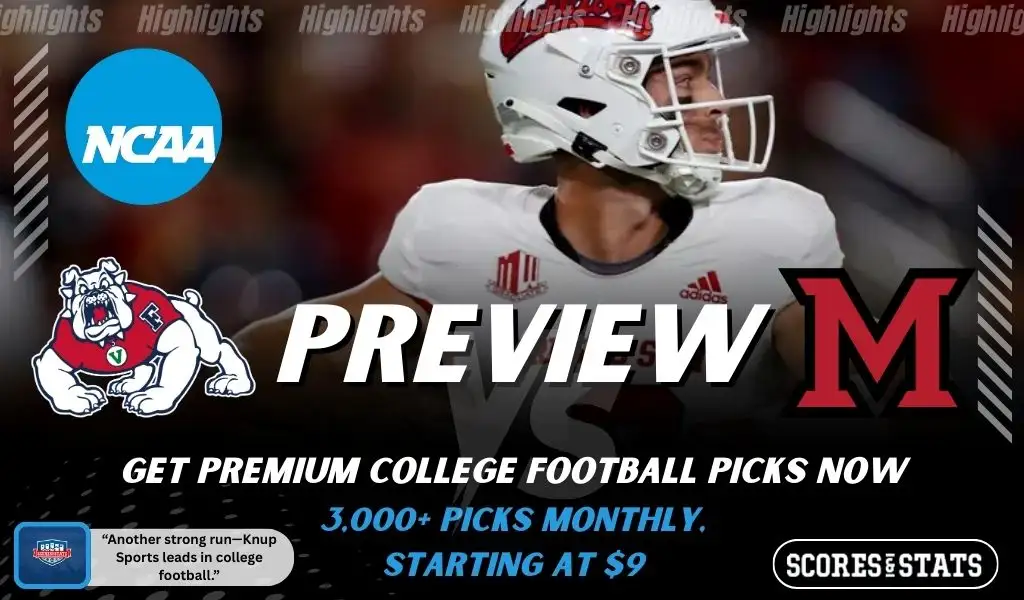 Fresno State Bulldogs vs Miami OH RedHawks college football preview graphic featuring a Fresno State player with Fresno State and Miami OH logos and Scores and Stats branding