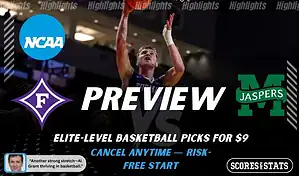 Furman Paladins vs Manhattan Jaspers NCAA basketball game preview image showing Furman player attempting a layup with team logos displayed