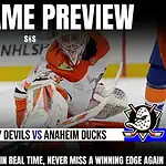 Home 20 NHL game preview graphic for New Jersey Devils vs Anaheim Ducks, featuring a Ducks goalie in action.