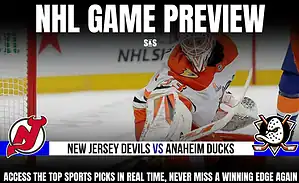 NHL game preview graphic for New Jersey Devils vs Anaheim Ducks, featuring a Ducks goalie in action.