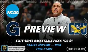 Georgetown Hoyas vs Coppin State Eagles NCAA basketball preview graphic showing a coach with Georgetown and Coppin State logos and Scores and Stats branding