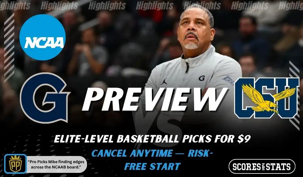Georgetown Hoyas vs Coppin State Eagles NCAA basketball preview graphic showing a coach with Georgetown and Coppin State logos and Scores and Stats branding