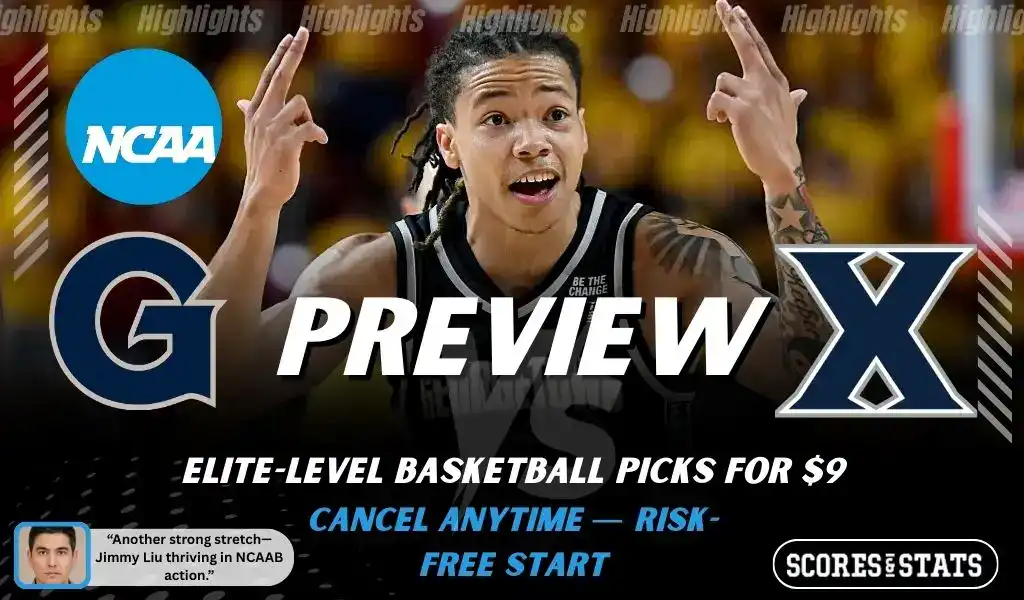 Georgetown Hoyas vs Xavier Musketeers NCAA basketball preview graphic featuring a Georgetown player with Georgetown and Xavier logos and Scores and Stats branding