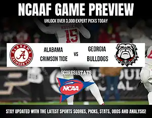 NCAA football game preview graphic featuring Alabama Crimson Tide vs. Georgia Bulldogs, with logos and information about expert picks.