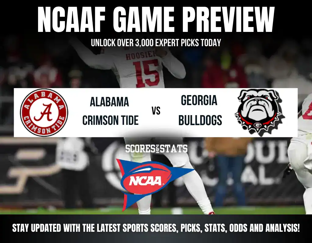 NCAA football game preview graphic featuring Alabama Crimson Tide vs. Georgia Bulldogs, with logos and information about expert picks.