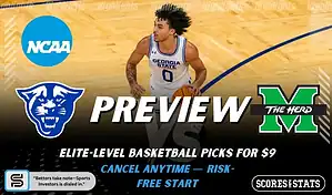College basketball preview graphic featuring Georgia State Panthers and Marshall Thundering Herd logos with a Georgia State player dribbling and the word preview across the center