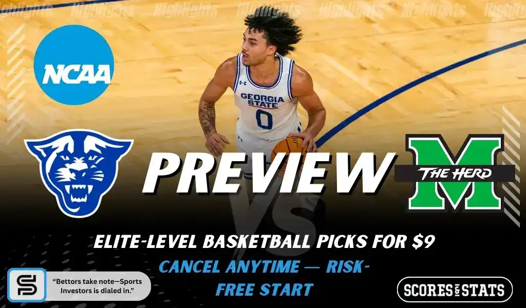College basketball preview graphic featuring Georgia State Panthers and Marshall Thundering Herd logos with a Georgia State player dribbling and the word preview across the center