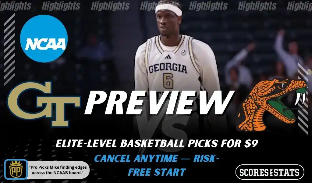 Previews 10 College basketball preview graphic featuring Georgia Tech Yellow Jackets and Florida A and M Rattlers logos with a Georgia Tech player on the court and the word preview across the center