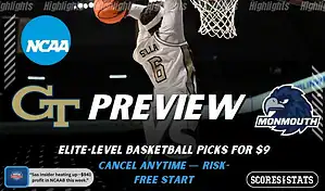 Georgia Tech Yellow Jackets and Monmouth Hawks featured in NCAA basketball preview graphic ahead of their upcoming matchup.