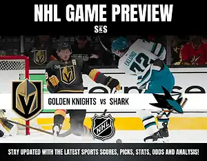 NHL Game Preview featuring the Golden Knights vs. Sharks, showcasing action on the ice with players in motion and team logos.