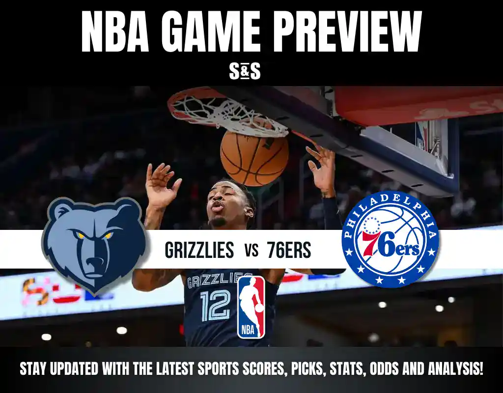 NBA game preview between the Grizzlies and 76ers, showcasing a player preparing to score while the basketball nears the hoop.