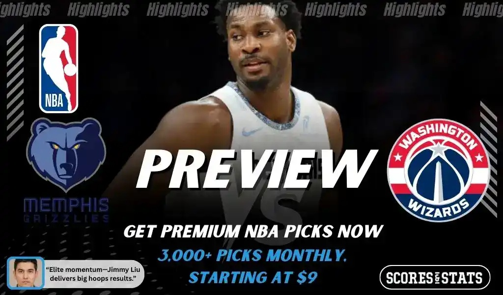 Memphis Grizzlies vs Washington Wizards NBA preview graphic featuring a Grizzlies player with Grizzlies and Wizards logos and Scores and Stats branding