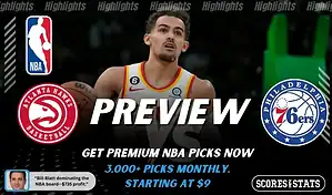 Atlanta Hawks and Philadelphia 76ers matchup graphic featuring Trae Young during NBA preview