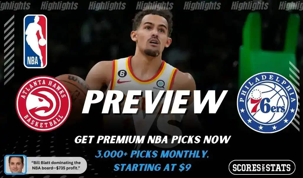 Previews 9 Atlanta Hawks and Philadelphia 76ers matchup graphic featuring Trae Young during NBA preview