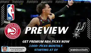 Atlanta Hawks vs San Antonio Spurs NBA game preview image featuring Hawks player pointing during play with Spurs logo displayed