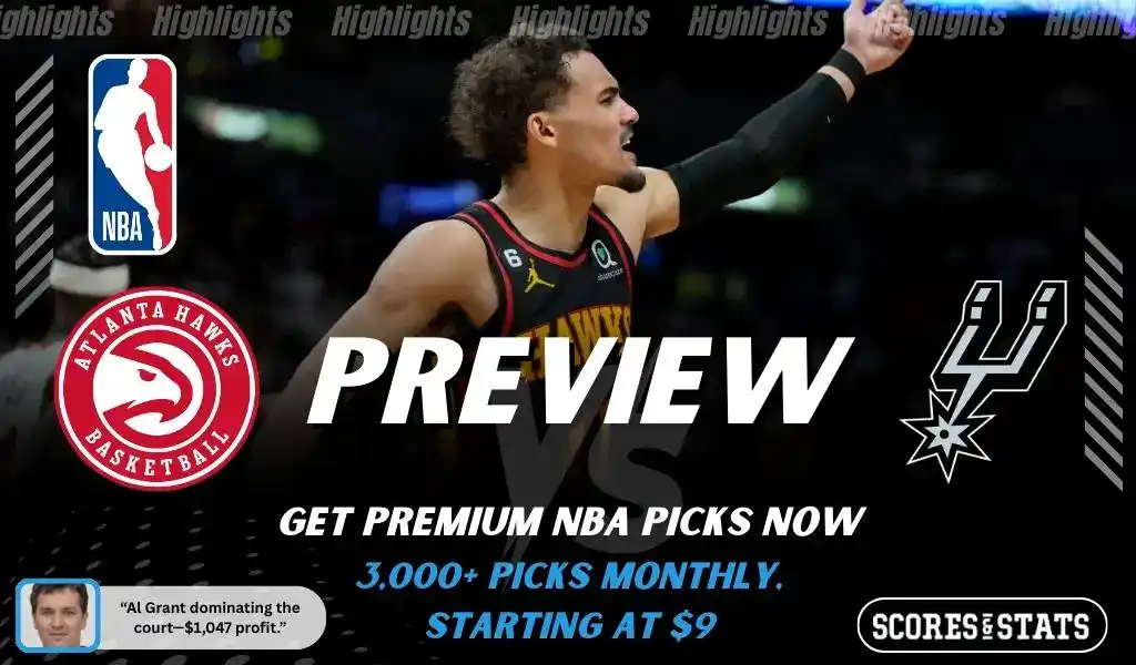 Atlanta Hawks vs San Antonio Spurs NBA game preview image featuring Hawks player pointing during play with Spurs logo displayed