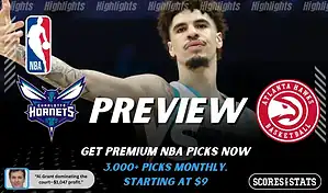 Charlotte Hornets vs Atlanta Hawks NBA game preview image featuring Hornets player on the court with team logos displayed