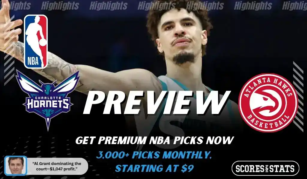 Previews 7 Charlotte Hornets vs Atlanta Hawks NBA game preview image featuring Hornets player on the court with team logos displayed