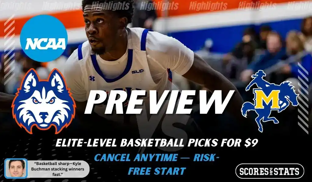 Previews 7 Houston Christian Huskies vs McNeese State Cowboys NCAA basketball game preview image with player dribbling and team logos visible