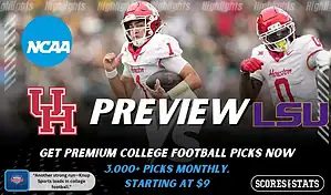 Houston Cougars vs LSU Tigers college football preview graphic showing Houston players with Houston and LSU logos and Scores and Stats branding