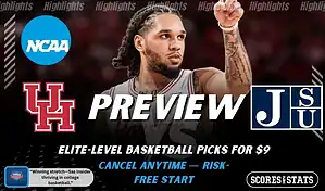 Houston Cougars and Jackson State Tigers featured in NCAA basketball preview graphic ahead of their upcoming matchup.