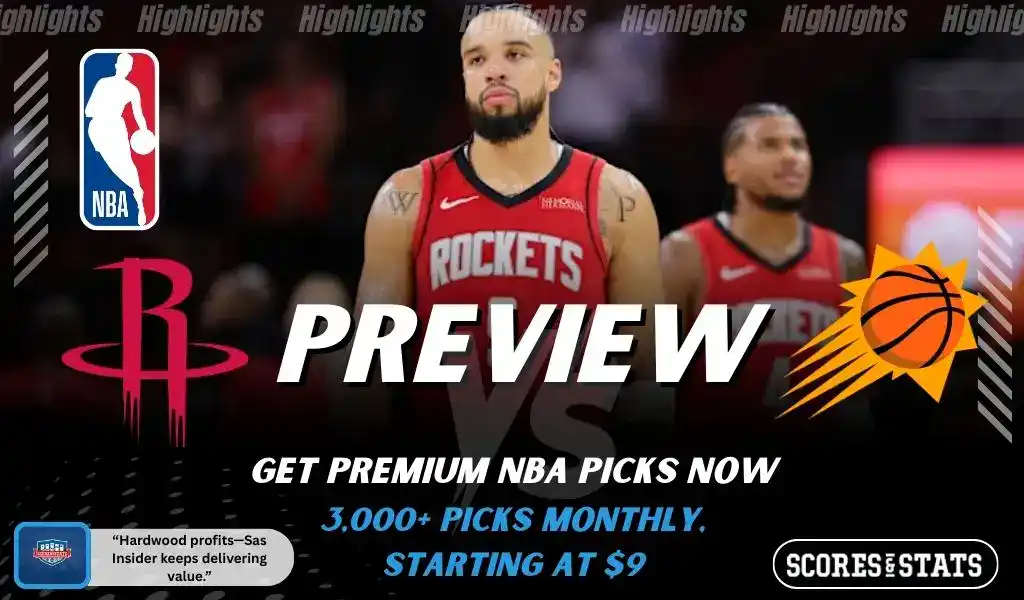 Previews 8 Houston Rockets and Phoenix Suns featured in NBA preview graphic ahead of their upcoming matchup.