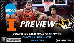 Illinois Fighting Illini vs Missouri Tigers NCAA basketball preview graphic showing Illinois players with Illinois and Missouri logos and Scores and Stats branding