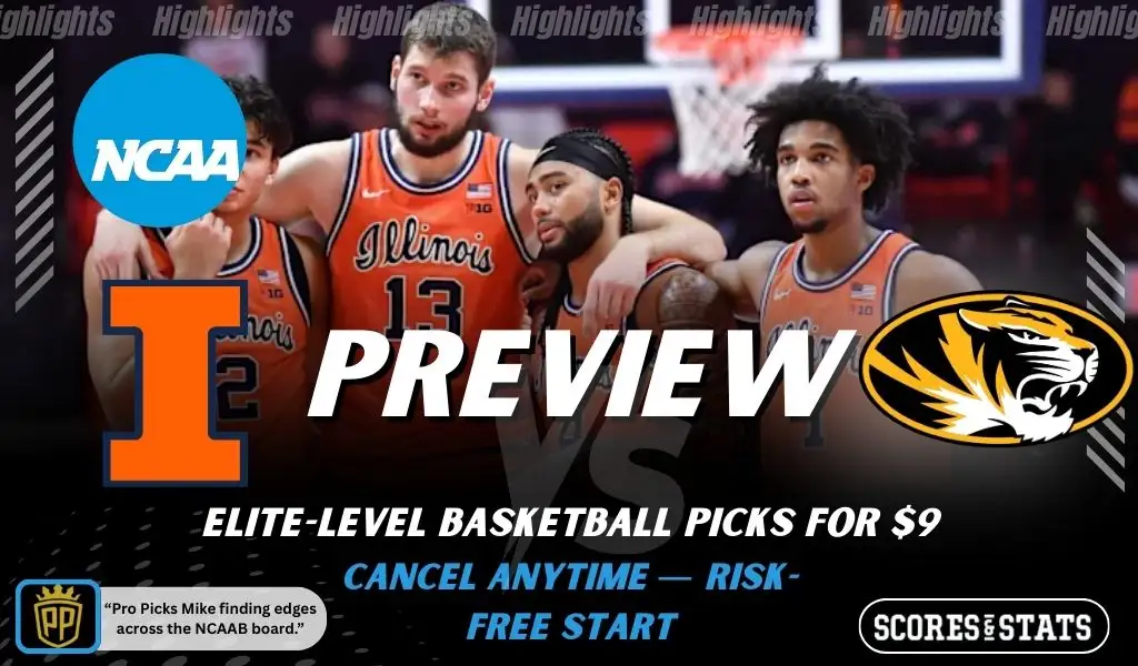 Illinois Fighting Illini vs Missouri Tigers NCAA basketball preview graphic showing Illinois players with Illinois and Missouri logos and Scores and Stats branding