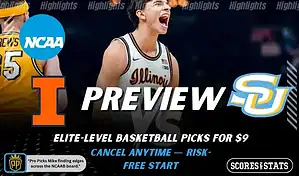 College basketball preview graphic featuring Illinois Fighting Illini and Southern Jaguars logos with an Illinois player celebrating and the word preview across the center
