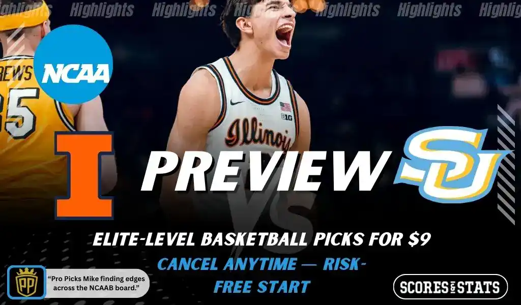 Previews 7 College basketball preview graphic featuring Illinois Fighting Illini and Southern Jaguars logos with an Illinois player celebrating and the word preview across the center