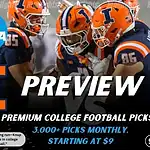 Home 21 College football preview graphic featuring Illinois Fighting Illini and Tennessee Volunteers logos with players in orange uniforms huddling and the word preview across the center